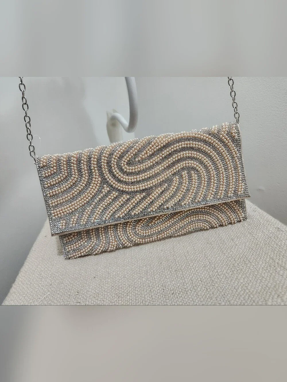 Pearl Embellished Clutch Bag in Champagne and Silver - Picture 1 of 10